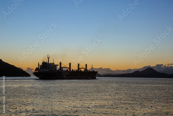 Obraz Silhouette of a cargo ship leaving the port of Santos