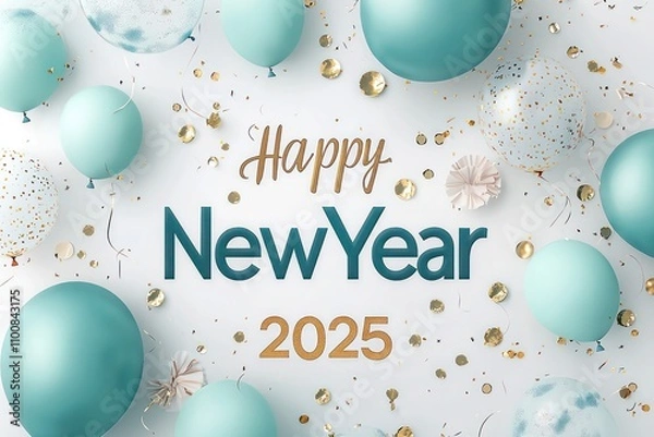 Fototapeta Delicate New Year design with pastel teal  and powder blue  balloons, hints of gold confetti, "Happy New Year" in a small, understated script, and "2025" in bold modern font.