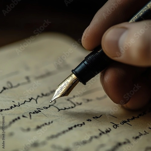Fototapeta The Art of Handwriting: A Close-up of a Fountain Pen on Vintage Paper