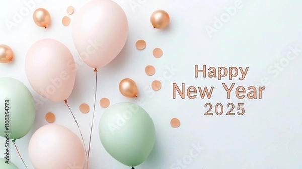 Fototapeta Minimalist New Year banner featuring pastel pink  and pastel green  balloons, scattered light apricot confetti, "Happy New Year" in a small sans-serif font, and "2025" in bold copper typography.