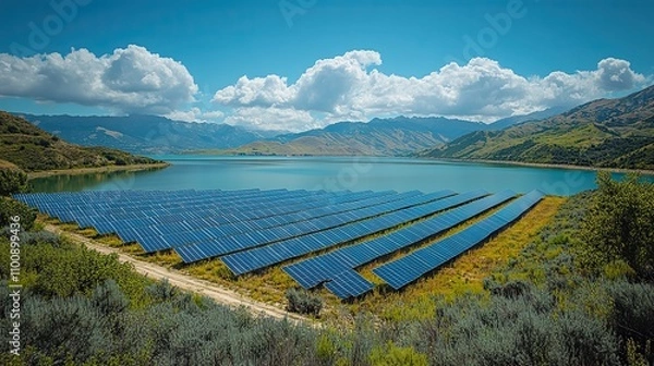 Fototapeta A solar field showcases renewable energy potential against a scenic backdrop, inviting exploration of sustainability.