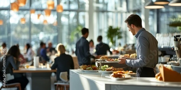 Obraz A well lit corporate cafeteria with employees networking over lunch