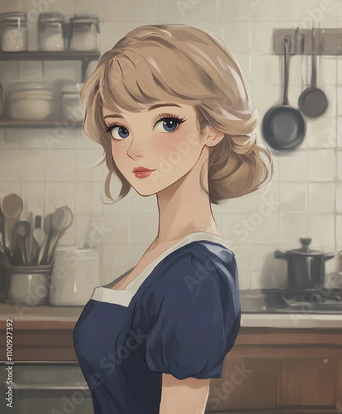 Fototapeta ブロンドヘアの白人女性の主婦のイラスト