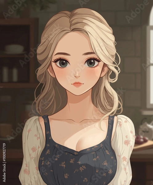 Fototapeta ブロンドヘアの白人女性の主婦のイラスト