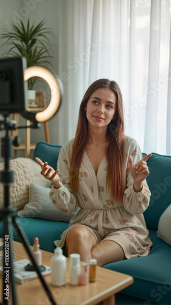 Obraz A influencer woman records a beauty tutorial at home, surrounded by skincare products. Ideal for beauty influencers, online marketing, and lifestyle content creation