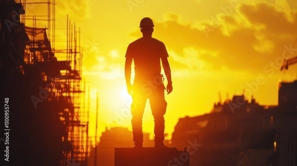 Fototapeta The silhouette of a worker overlaid with backlighting on the construction pattern shows power and dedication