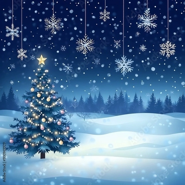 Fototapeta Festive snowy landscape with a glowing Christmas tree adorned with hanging snowflake under a cozy and magical winter night sky