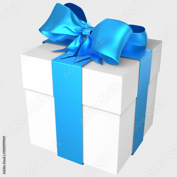Obraz White gift box wrapped with blue bow and ribbon isolated on white background. Side view mockup of a box for design. Luxury Christmas, birthday present gift box