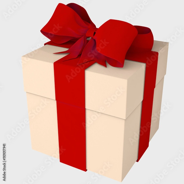 Obraz White gift box wrapped with red velvet bow and ribbon isolated on white background. Side view mockup of a box for design. Luxury Christmas, birthday, valentine present gift box
