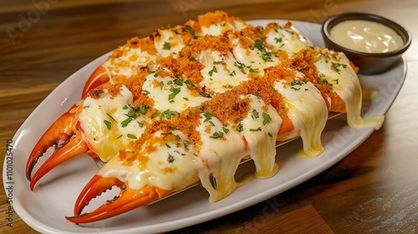 Obraz A deliciously baked crab dish topped with creamy cheese and herbs, served with a side of dipping sauce.