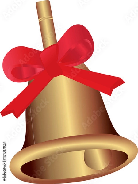 Fototapeta Golden metal bell with red bow with transparent background, Christmas symbol, school bell, vintage bell. 3D effect.
