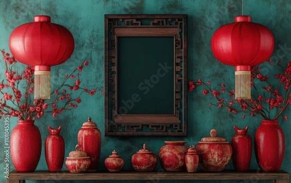 Fototapeta A 3D rendering in the style of Chinese art, featuring a symmetrical composition with red lanterns and vases placed on both sides of a picture frame. 