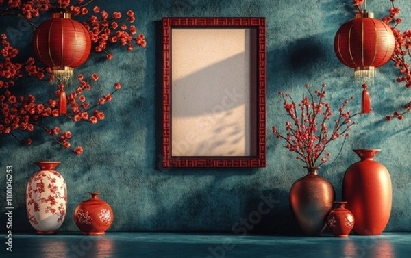 Fototapeta A 3D rendering in the style of Chinese art, featuring a symmetrical composition with red lanterns and vases placed on both sides of a picture frame. 