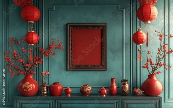 Fototapeta A striking 3D rendering in the style of Chinese art, with a central picture frame framed by red lanterns and vases, set against textured teal walls. 