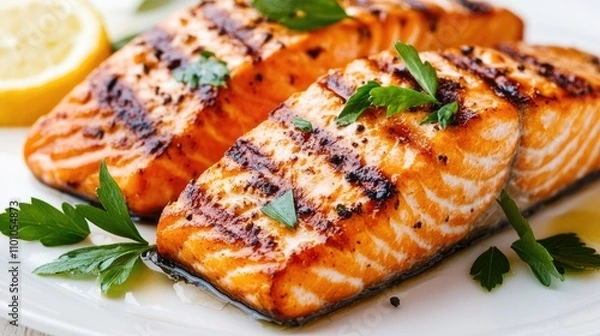 Fototapeta Grilled salmon fillets beautifully garnished with fresh parsley, served elegantly on a white plate with a hint of lemon.