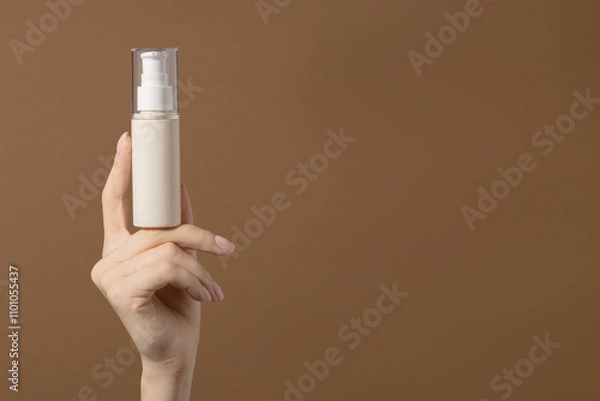 Obraz Woman's hand holds beige unmarked bottle for cosmetics. Mockup of container for serum, lotion, cream, retinol. Light brown background with copy space.