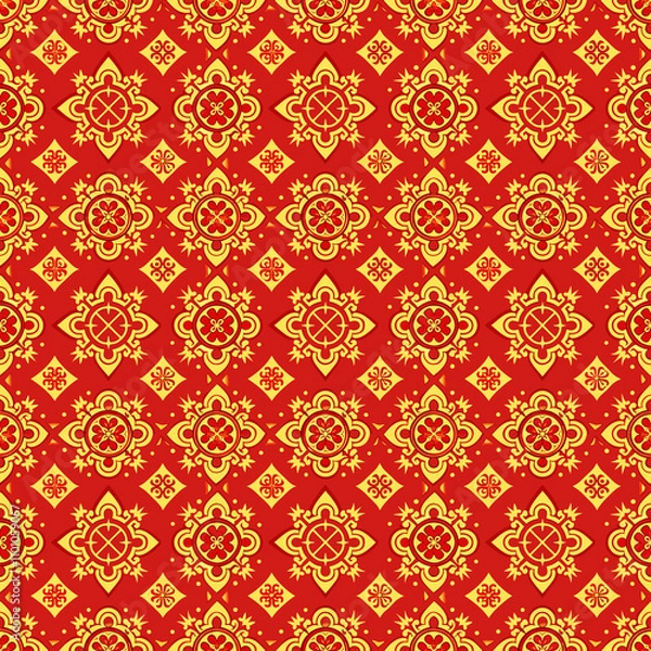 Fototapeta Red and Gold Floral Pattern: A luxurious seamless textile design featuring intricate floral motifs in vibrant red and gold hues.