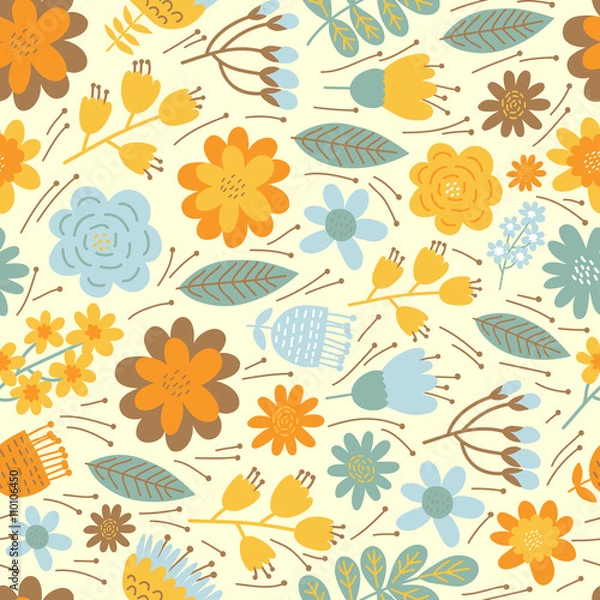 Fototapeta Vector floral pattern in doodle style with flowers and leaves. Gentle, spring floral background.