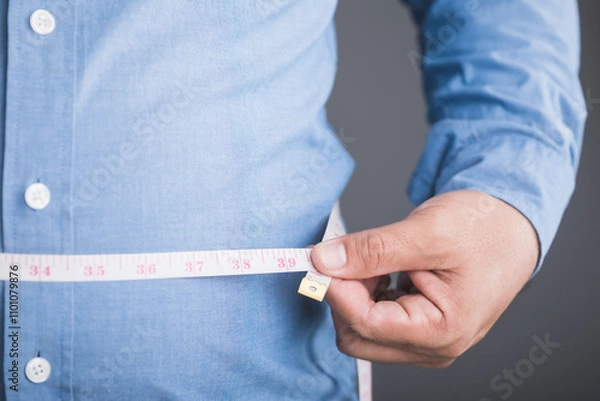Fototapeta An overweight person wearing a tight shirt, using a measuring tape around their waist to track their size, symbolizing awareness and management of body weight