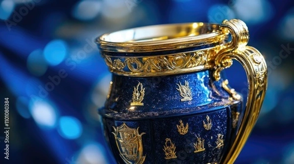 Fototapeta Glistening golden trophy against a shimmering blue background, representing victory and excellence in sports accomplishments.