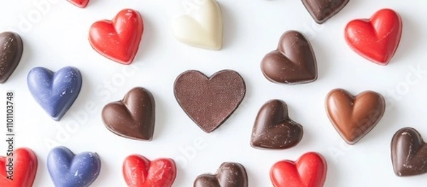 Fototapeta Aged cloth flag badge surrounded by colorful heart shaped chocolates on a clean white background perfect for Valentine's Day celebrations