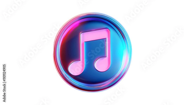 Fototapeta Neon Music Note Icon: A vibrant, neon music note icon rendered in a 3D style. The icon features a pink note within a blue circle with a holographic, iridescent glow.  Perfect for a modern.