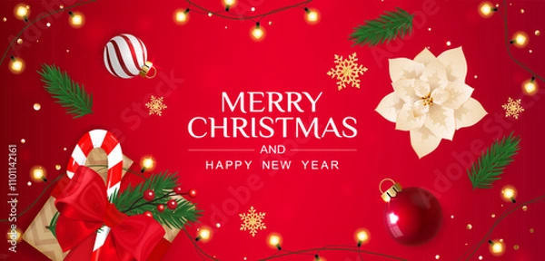 Obraz Merry Christmas red banner with sweets. Christmas ball and snowflakes.	