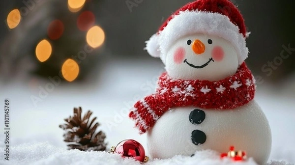 Fototapeta A cheerful snowman dons a vibrant red hat and scarf, embodying the festive spirit of Christmas in a winter wonderland setting.