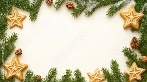 Fototapeta A festive Christmas wreath crafted from delightful cookies and natural pine cones, perfect for holiday decoration and celebration.