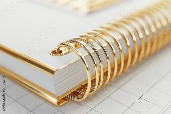 Fototapeta Golden spiral notebook 3d visualization set: standalone golden metal wire binding and springs designed for calendars, notebooks, albums, document covers, and coil mockups on diary pages