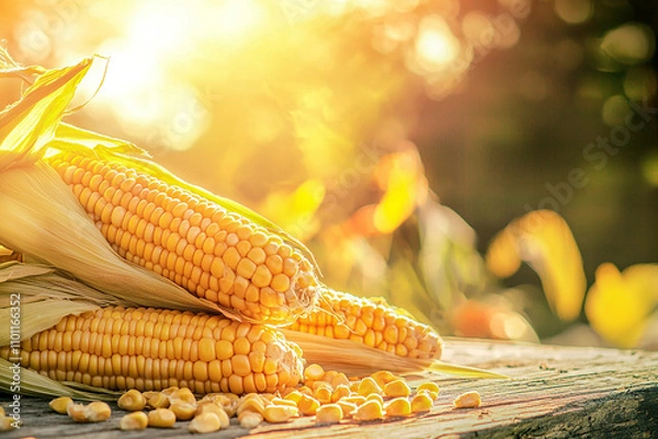 Fototapeta Close up of corn on a wooden table background of the field generated.AI