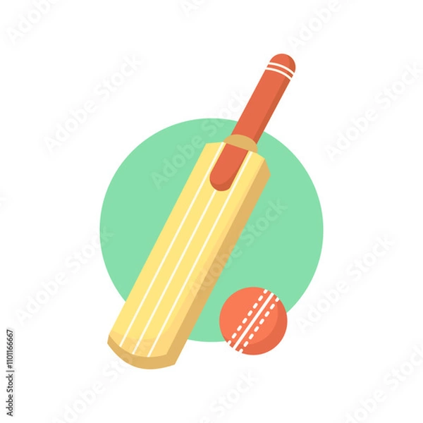 Obraz A vector illustration of a cricket bat and ball, designed in a simple cartoon style. The bat and ball are isolated with a green circular background, symbolizing the sport of cricket.