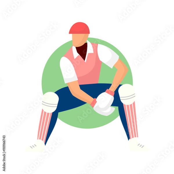 Obraz A vector illustration of a cricket player in action, positioned against a green circular background. The man is wearing protective gear, representing the sport played on a team in a stadium or field.