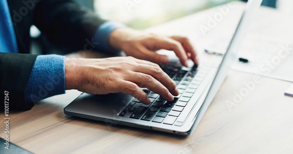 Fototapeta Man, hands and typing on laptop for business, planning and update schedule in Japan office. Corporate person, computer and connectivity in workplace for email, contact or economy research for growth