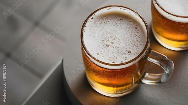 Obraz Close up view of mugs of cold beer with foam on grey background