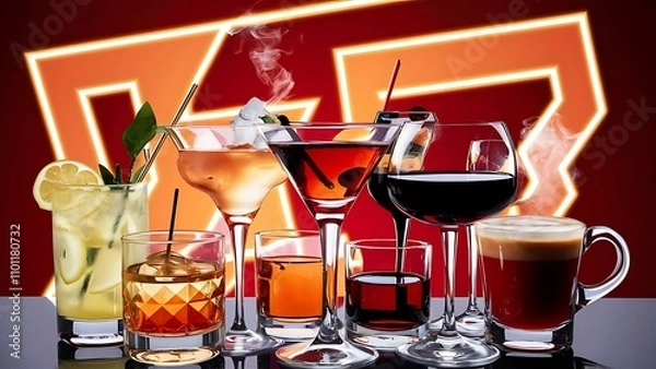 Obraz Several glasses of different drinks on bright background