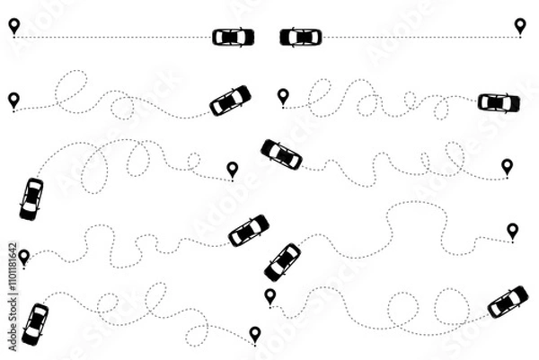 Fototapeta A collection of vector icons illustrating the driving route of a car with a starting point and a trajectory along a dotted line.
