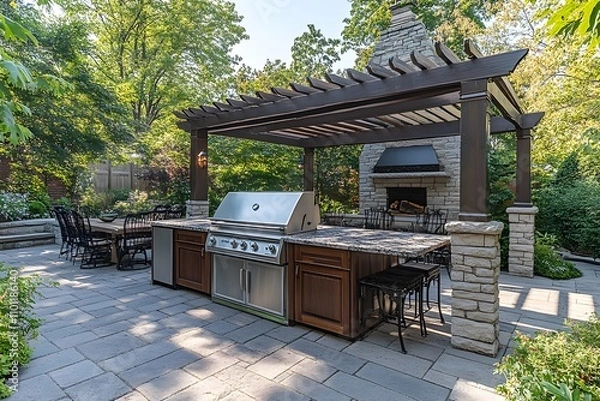 Fototapeta Outdoor kitchen with barbecue grill and dining area