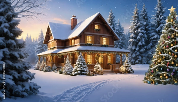 Fototapeta Christmas background with a decorated house, gifts,  Christmas tree and string lights. New year and xmas ideas.