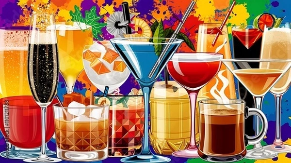 Obraz Several glasses of different drinks on bright background