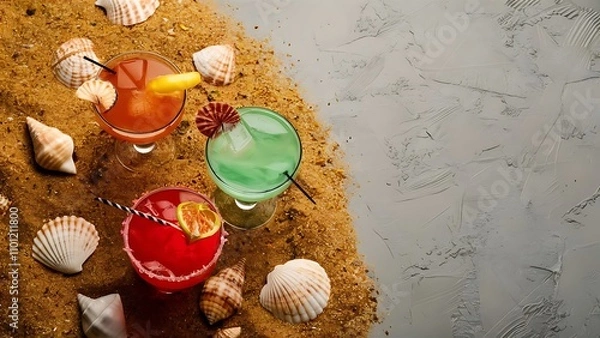 Obraz Close up view of glasses of refreshing cocktails on sand with seashells on grey bakgorund
