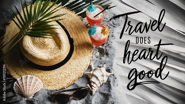 Obraz Close up view of straw hat, cocktails, seashells, sunglasses and palm leaf on sand on grey backdrop, travel does heart good inscription