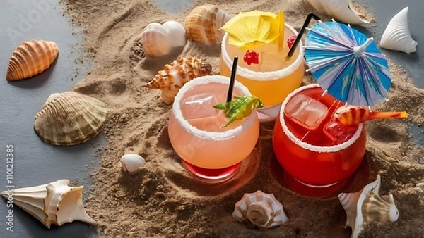 Obraz Close up view of glasses of refreshing cocktails on sand with seashells on grey bakgorund