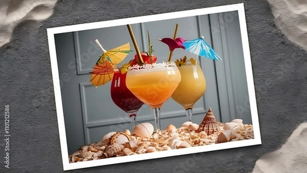 Obraz Close up view of glasses of refreshing cocktails on sand with seashells on grey bakgorund