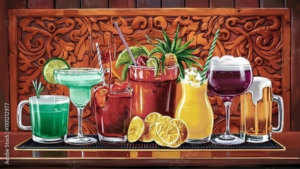 Obraz Different colorful alcohol drinks set in bar on wooden background