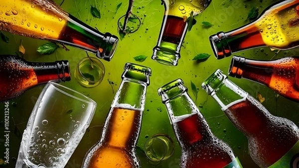 Obraz Close up view of bottles of beer and empty glass on green background