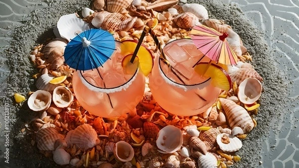 Obraz Close up view of glasses of refreshing cocktails on sand with seashells on grey bakgorund