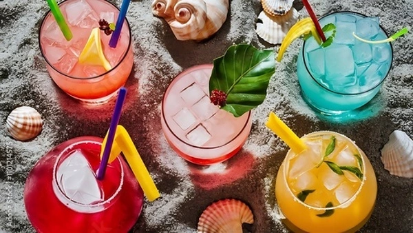Obraz Close up view of glasses of refreshing cocktails on sand with seashells on grey bakgorund