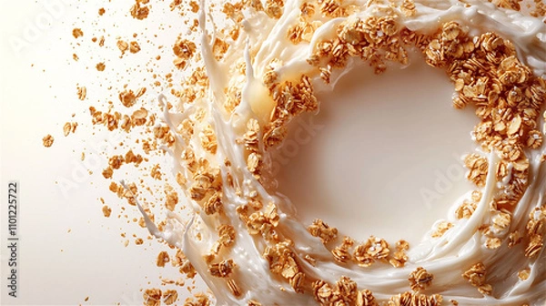 Fototapeta Milk splash and swirl with granola, oats meal isolated on white background, close up. Generative AI.