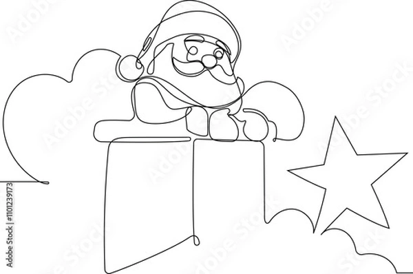 Fototapeta Vector doodle illustration, hand drawn in cartoon style. Black and white linear drawing of Santa Claus on the roof in a chimney. Vector illustration